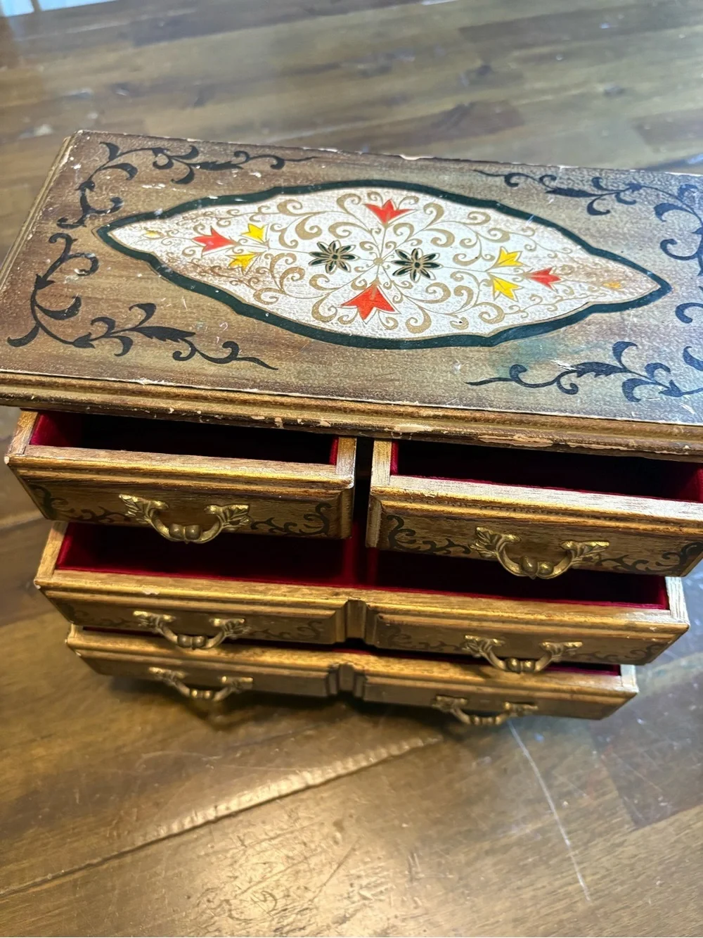 vintage Italian Florentine jewelry box hand-painted gold and black ornate Japan